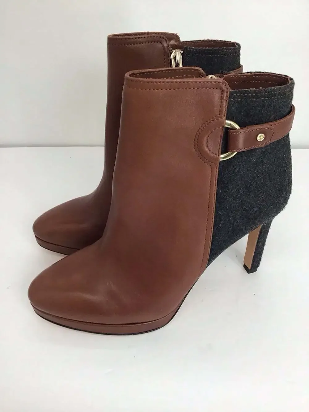 Antonio Melani NWOT Knight Lee Leather/Wool Heeled Ankle Boots Brown/Gray Sz 7.5